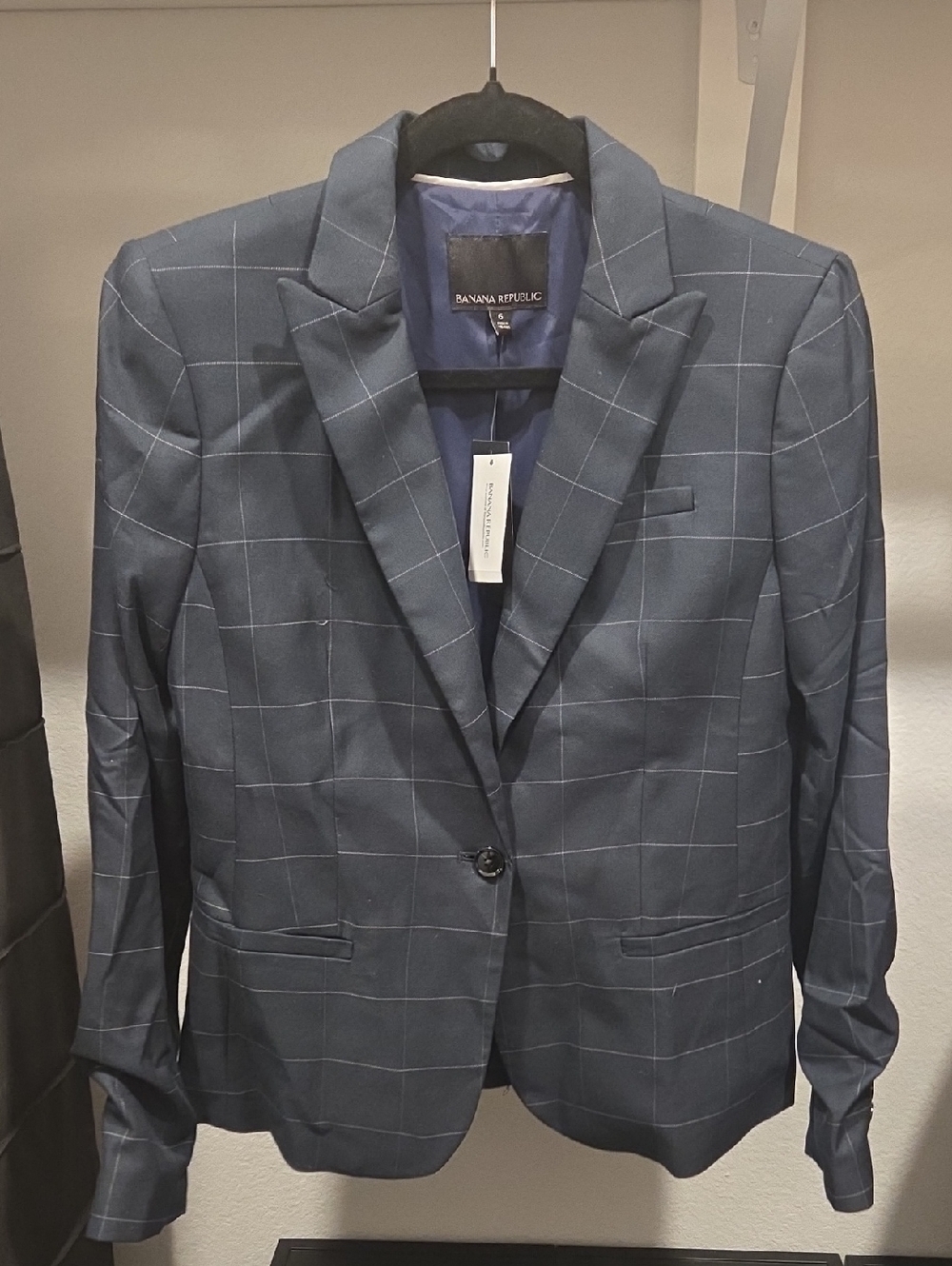 Banana Republic Navy Windowpane Blazer - Single-Button Notch Lapel